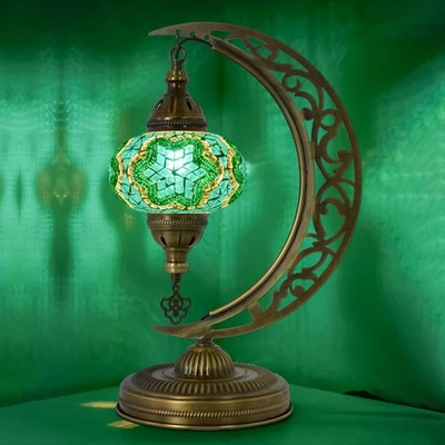 Green Crescent Moon Mosaic Lamp – Handmade Turkish 47cm Moon Light with LED Bulb - Image 1 of 4