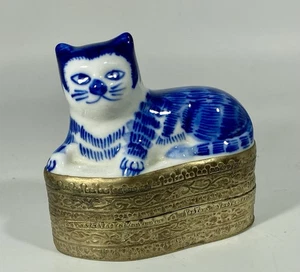 Vintage blau & weiß Porzellan Katze Kätzchen Schmuckschatulle filigran Silbersockel Waschtisch - Bild 1 von 11