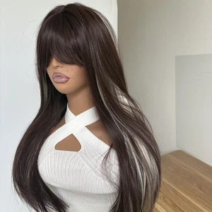 Dress Up Perücke mit Fransen gemischt braun blond hitzebeständiges Haar lang glatt - Bild 1 von 9