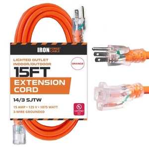 Lighted Outdoor Extension Cord 15 ft - 14 Gauge 15 Amp Heavy Duty Power Exten... - Picture 1 of 6