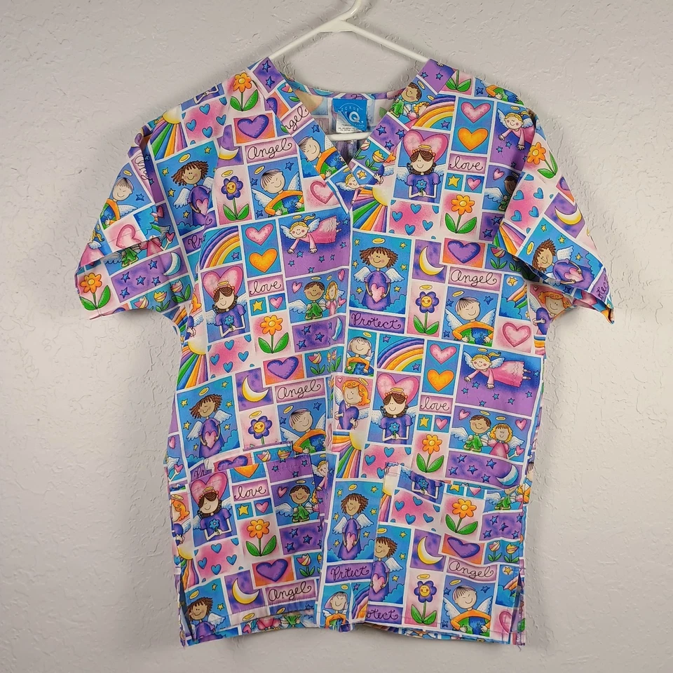 SCRUB HQ Animal Scrub Top Womens XS Angel Love Protect Heart Flower Moon - Image 1 of 4