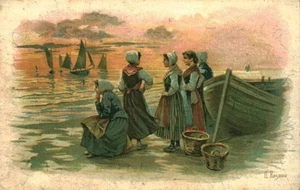 Carte postale ancienne chromo attente de retour de la pêche Phoscao  Besnou - Picture 1 of 2