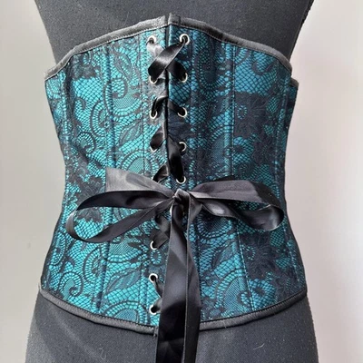 Corset Women XL Teal Black Lace Ribbon Whimsygoth Coquette Dark Fairy - Image 1 of 4
