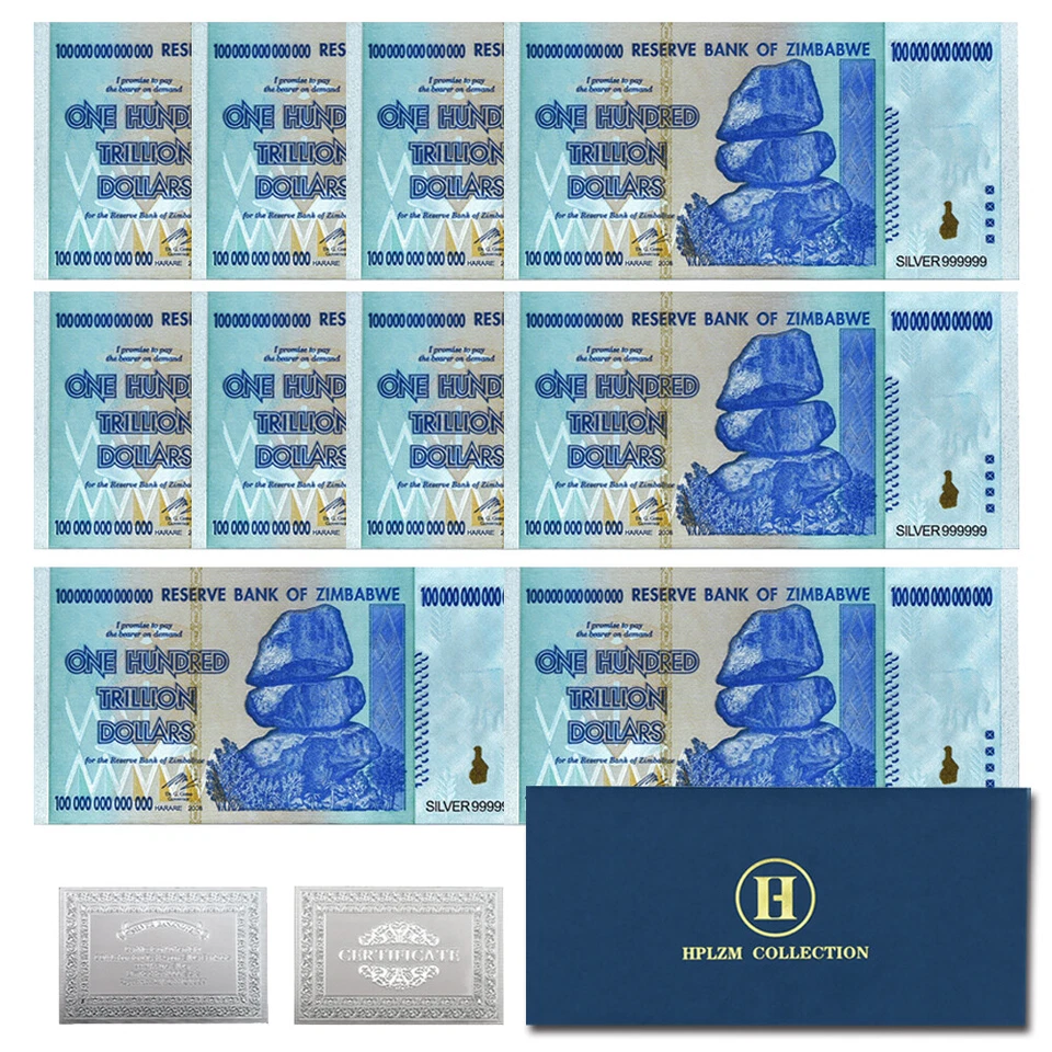 10pcs Zimbabwe One Hundred Trillion Dollars Silver Foil Banknotes in Envelope - Image 1 of 4