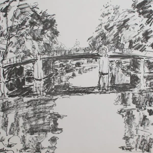 Roland Ladwig paisaje fluvial puente signo contemporáneo litografía 1972 95/120 - Imagen 1 de 4