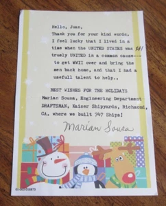 Marian Sousa American Hero Firmado 4X5.75 Carta "Rosie the Riveter" - Imagen 1 de 3