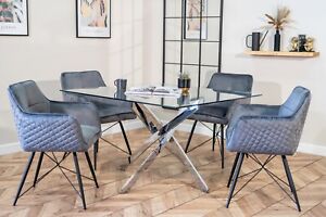Luna Luxury Glass Dining Table Set with 4 Grey Freya Velvet Dining Chairs Square