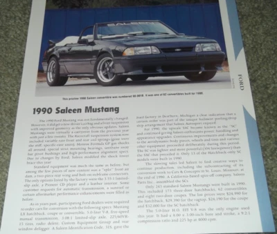 1990 Saleen Mustang Convertible Information Specs Picture Sheet Info SC - Image 1 of 2