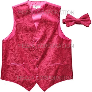 New Vesuvio Napoli Men's paisley formal Tuxedo Vest Waistcoat_Bowtie Hot Pink - Picture 1 of 3