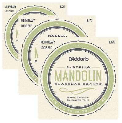 Mandolin Strings 3 x Sets, D'Addario EJ75 Phosphor Bronze, 8 Strings, Loop End