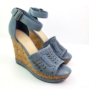 Marc Fisher Hillana Womens Sz 9 Blue Leather Ankle Strap Wedge Platform Shoes - Foto 1 di 12
