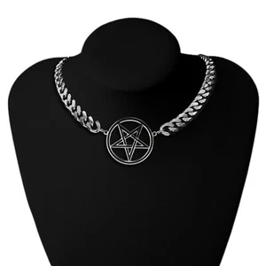 Pentagramm Choker Halskette 316L Stahl, 10mm Cuban, schwarze Emaille, Punk/Gothic - Bild 1 von 8