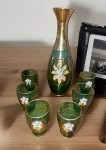 Vintage Murano Tre Fuochi Green & gold glass decanter no Lid & 6 glasses - Picture 1 of 7
