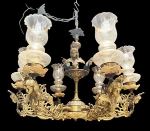 Elegante Lampadario Antico in Bronzo a Sei Luci con Caratiadi - Stile Liberty - Picture 1 of 12