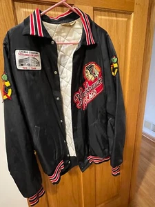 Vintage 1980’ Men's Chicago Blackhawks Black Satin Bomber Jacket Size XL - Picture 1 of 2