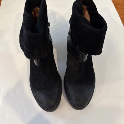 Donald Pliner Botines Mujer Talla 7.5 Saraya Negro Ceroso Gamuza Hebilla Usados en Excelente Condición Foto 1 de 4