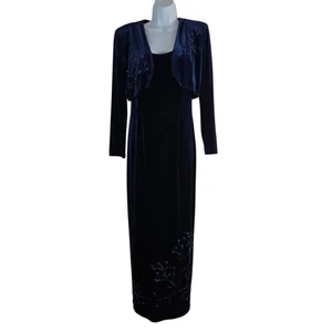 Vtg After Dark Womens Maxi Dress Bolero Jacket Set 8P Blue velvet Sequin 90s Y2K - Picture 1 of 21