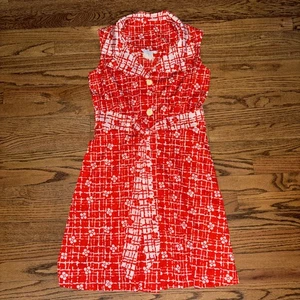 Vintage 70er Sears JR Bazaar rot Blumen ärmellos Knopf Bindegürtel Bluse Kleid Gr. 15 - Bild 1 von 19