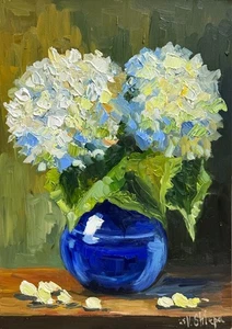 Arte de pintura al óleo original floral hortensia flor impasto bodegón 7x10 pulgadas - Imagen 1 de 7