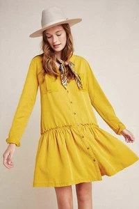 Anthropologie Maeve Marlie Dress Sz 2 Yellow Gold Button Front New $130 Tag NWT - Picture 1 of 8