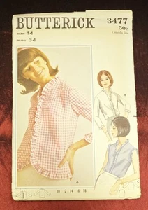 Vintage Butterick Rüschenbluse 3/4 & ärmellos 14 ungeschnitten 60er Jahre Schnittmuster - Bild 1 von 3