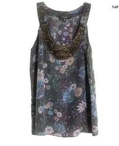 Sanctuary 100% Silk Round Beaded Neckline Sleeveless Floral Tank Top Size Medium - Picture 1 of 5