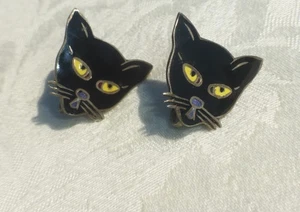 BELLISSIMI ORECCHINI VINTAGE ARGENTO STERLING 925 SMALTO NERO FACCIA DI GATTO OTTIMO DESIGN - Foto 1 di 4