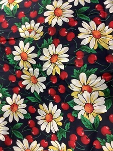 Daisies And Cherries On Navy Cotton Fabric BTY - Picture 1 of 2