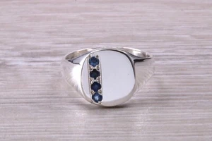 Four Blue Sapphire set Sterling Silver Signet Ring - Picture 1 of 8