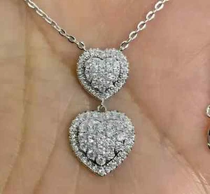 2Ct Round Cut Lab Created Diamond Double Heart Pendant 14K White Gold Plated - Picture 1 of 4