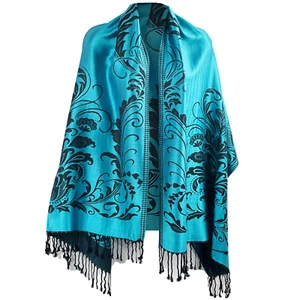 Saphirblaues Pashmina-Tuch mit marineblauen Blumenakzenten - elegantes Halstuch mit Tassel - Bild 1 von 4