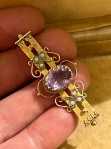 Antique Victorian 9ct 375 Gold Amethyst Seed Pearl Pendant - Picture 1 of 8