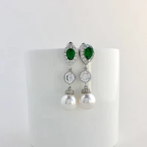Simulated 3.70TCW Green Emerald, White Sapphire & Pearls Drop Dangle Earrings - Picture 1 of 7