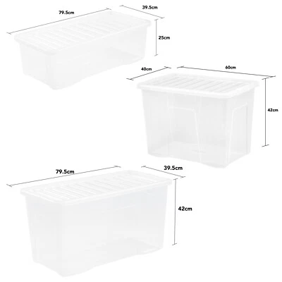 62L/80L/110L Large Plastic Crystal Storage Box Clip On Lid Ideal for Home Garage - Image 1 of 4