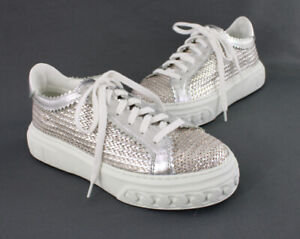 Casadei Women's Metallic Silver Beige Woven Platform Lace Up Sneaker 38 8