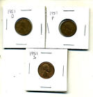 1951 P,d,s Wheat Pennies Lincoln Cents Circulated 2x2 Flips 3 Coin Pds Set#4079