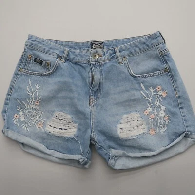 Superdry Womens Boho Embroidered Denim Jean Shorts 32 Distressed Festival - Image 1 of 4