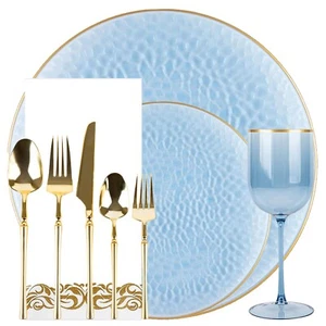 180pcs Plastic Tableware Blue Gold Rim Organic Hammered Dinner Party Set for 20 - Picture 1 of 11
