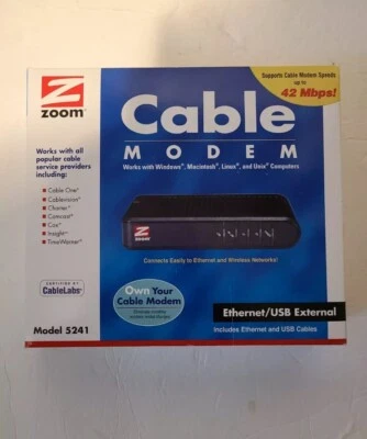 New Zoom Cable Modem Ethernet/USB External Model 5241 Windows Mac Linus Unix - Image 1 of 4
