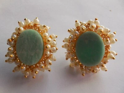 Amazonite Stud Earring, Pearl Beads Chandelier Earring, Gold Plated Ear Jewelry - Image 1 of 4