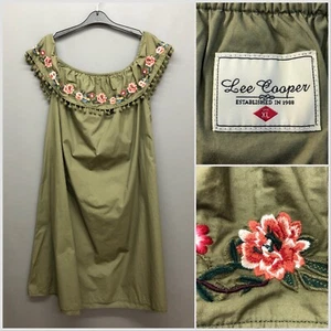 Lee Cooper Khaki Embroidered Cotton Dress Large Gypsy Holiday Retro Off Shoulder - Picture 1 of 13
