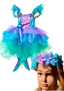 Girls Mermaid Costume Kids Cosplay Sea Princess Dress Plus Free Headpiece - Picture 1 of 17