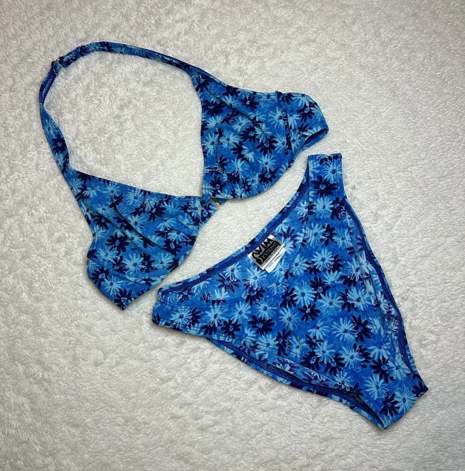 De Colección Años 90 Floral Azul Bikini Sistemas de Natación EE. UU. Mujer’s Talla XS/34 2 piezas Conjunto Corte Alto Foto 1 de 4