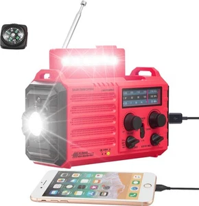 5000mAh Weather Alert Radio, AM/FM/SW/NOAA Solar Hand Crank Red - Picture 1 of 8