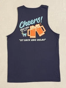 NEW Mens GOAT USA Tank Top Cheers Sit Back & Relax Navy Blue Shirt Adult Small - Picture 1 of 4