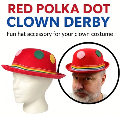 RED CLOWN POLKA DOT DERBY HAT Costume Cap Stiff Felt Funny Adult Bowler Colors - Image 1 of 4