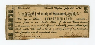1862 25c The County of Botetourt - Fincastle, VIRGINIA Note - Image 1 of 2