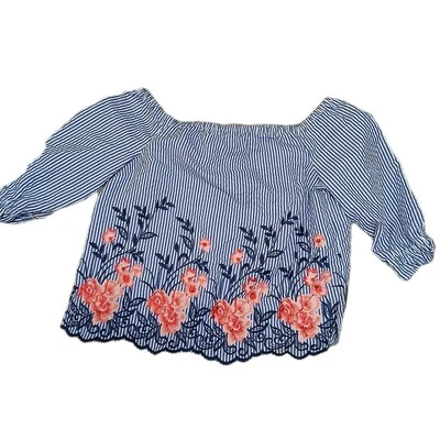 Blusa para mujer ELLE con hombros descubiertos talla XL azul a rayas floral bordada Foto 1 de 4