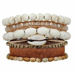 NEW Victoria Emerson Cairo Natural Magnetic Cuff Strand Layered Beaded Bracelet 