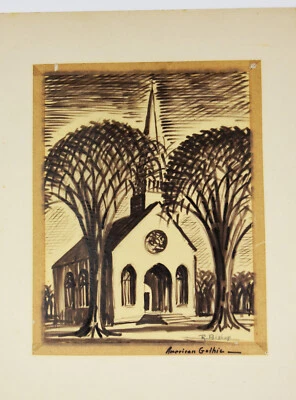 Dibujo de 12" Raymond Bishop Antiguo Americano Iglesia Gótica Árboles Pueblo Foto 1 de 4